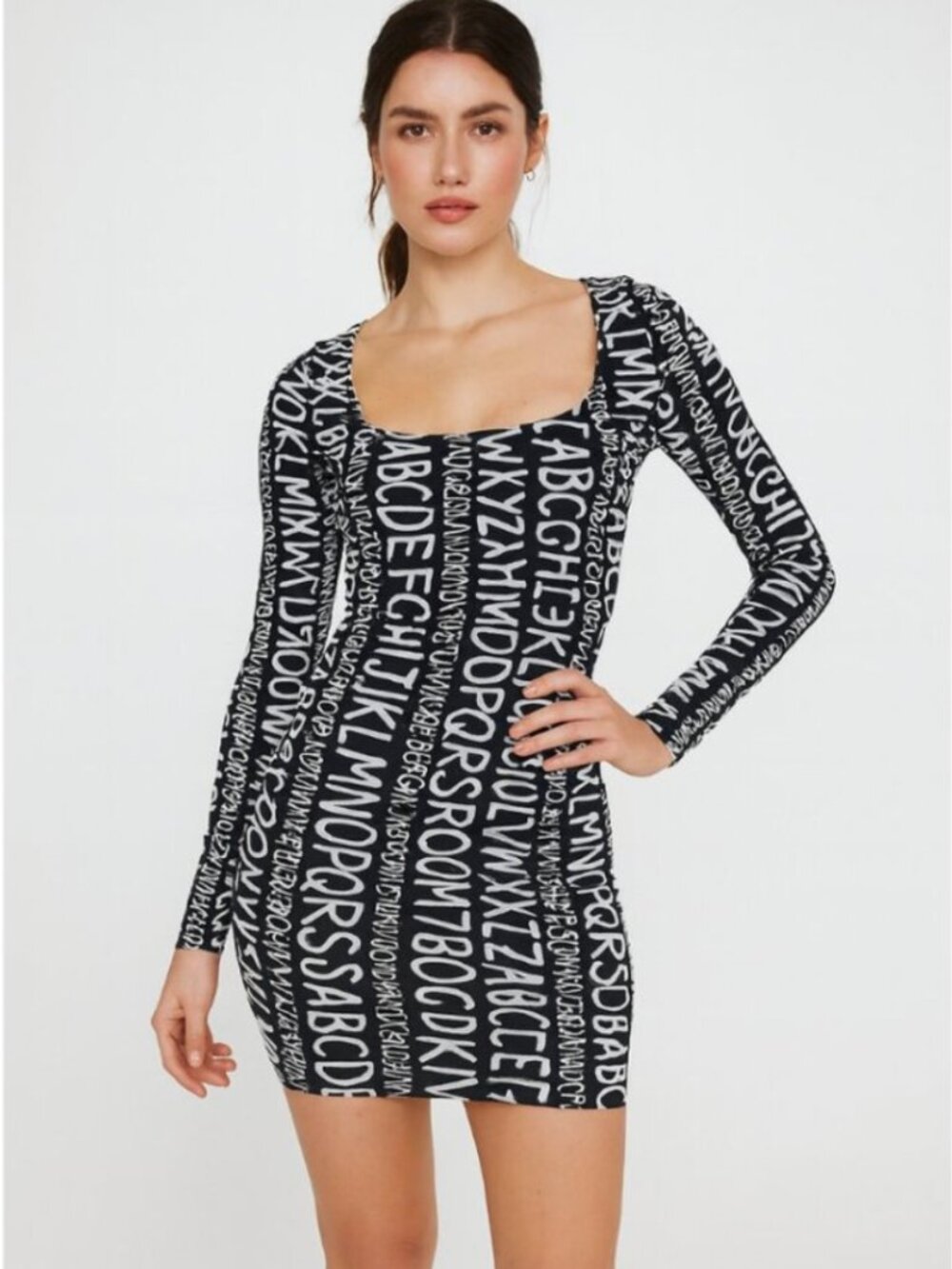 NWT Iris Dress Mini Bodycon Y2K Vibe Gwen Stefani Alphabet Print Fully Lined S